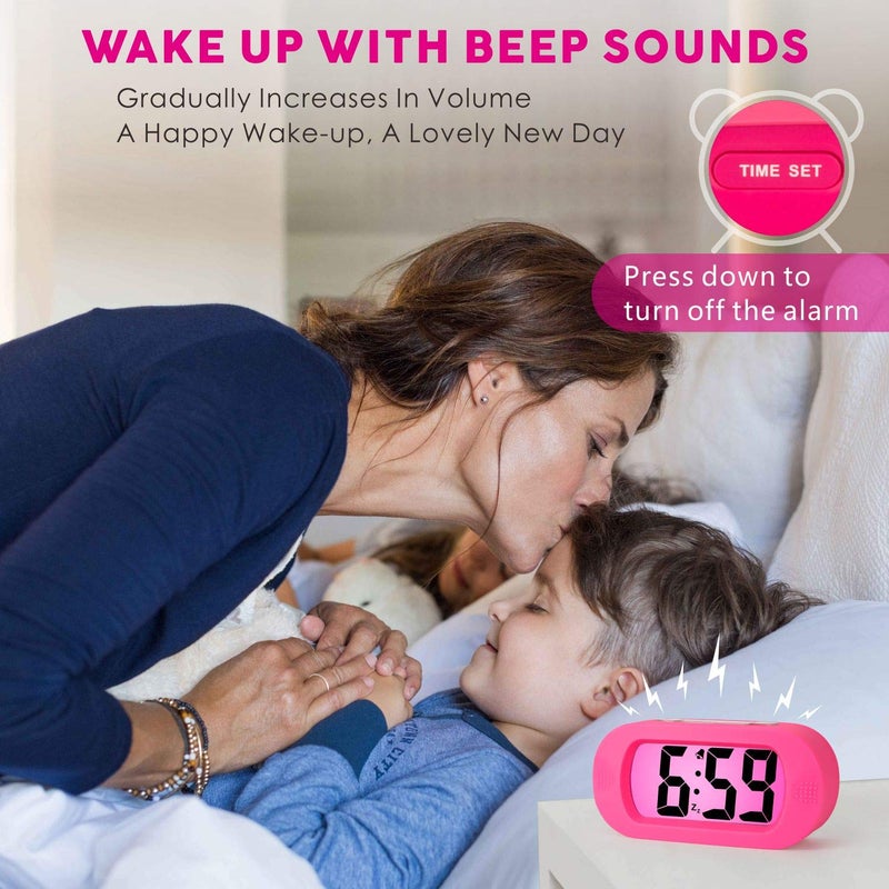 Plumeet Kids Alarm Clock Large Digital LCD Travel Alarm Clocks with Snooze and Night Light - Ascending Sound and Handheld Sized - Best Gift for Kids (Pink) - Image 4